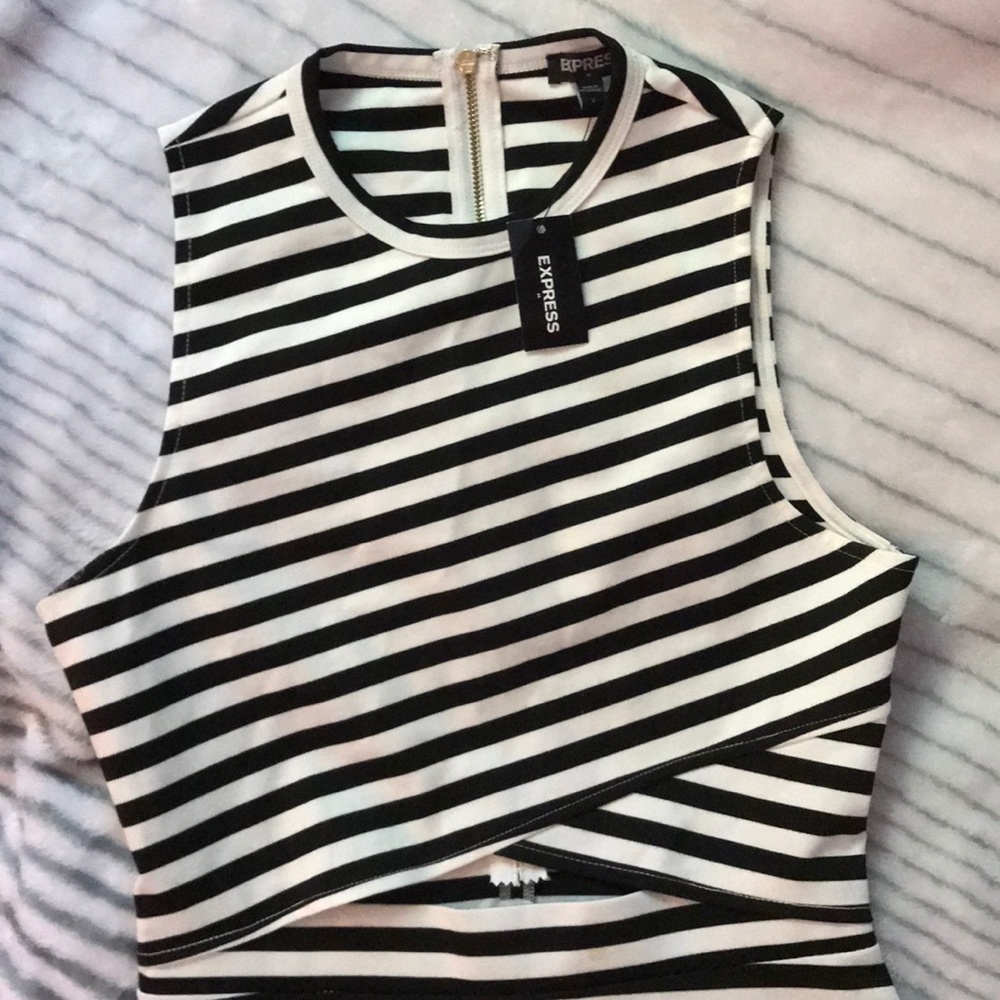 Black and white striped mini express dress